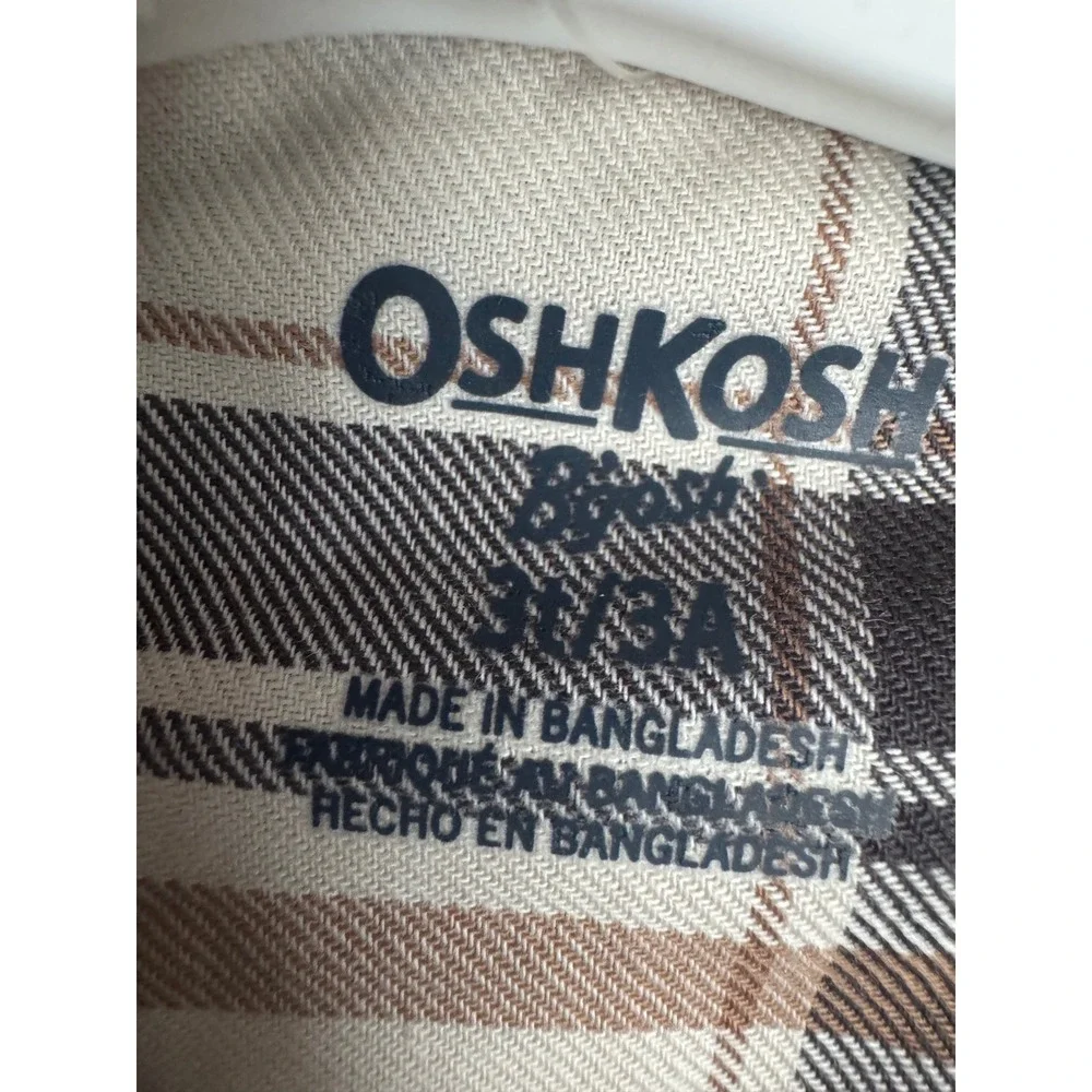 OshKosh Bgosh Toddler Boys Plaid Flannel Snap Button Down Shirt Brown 3T NEW